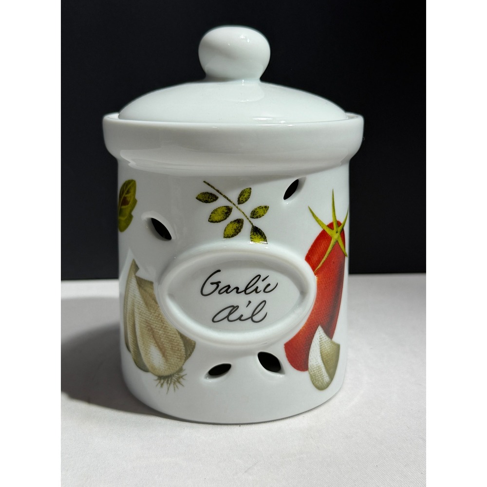White Ceramic Garlic Keeper Canister Ventilation Holes Garlic Ail Storage